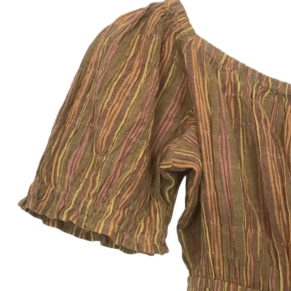 Free People Vivi Smocked Top Puff Sleeves Brown Pink Striped Size XS NWOT